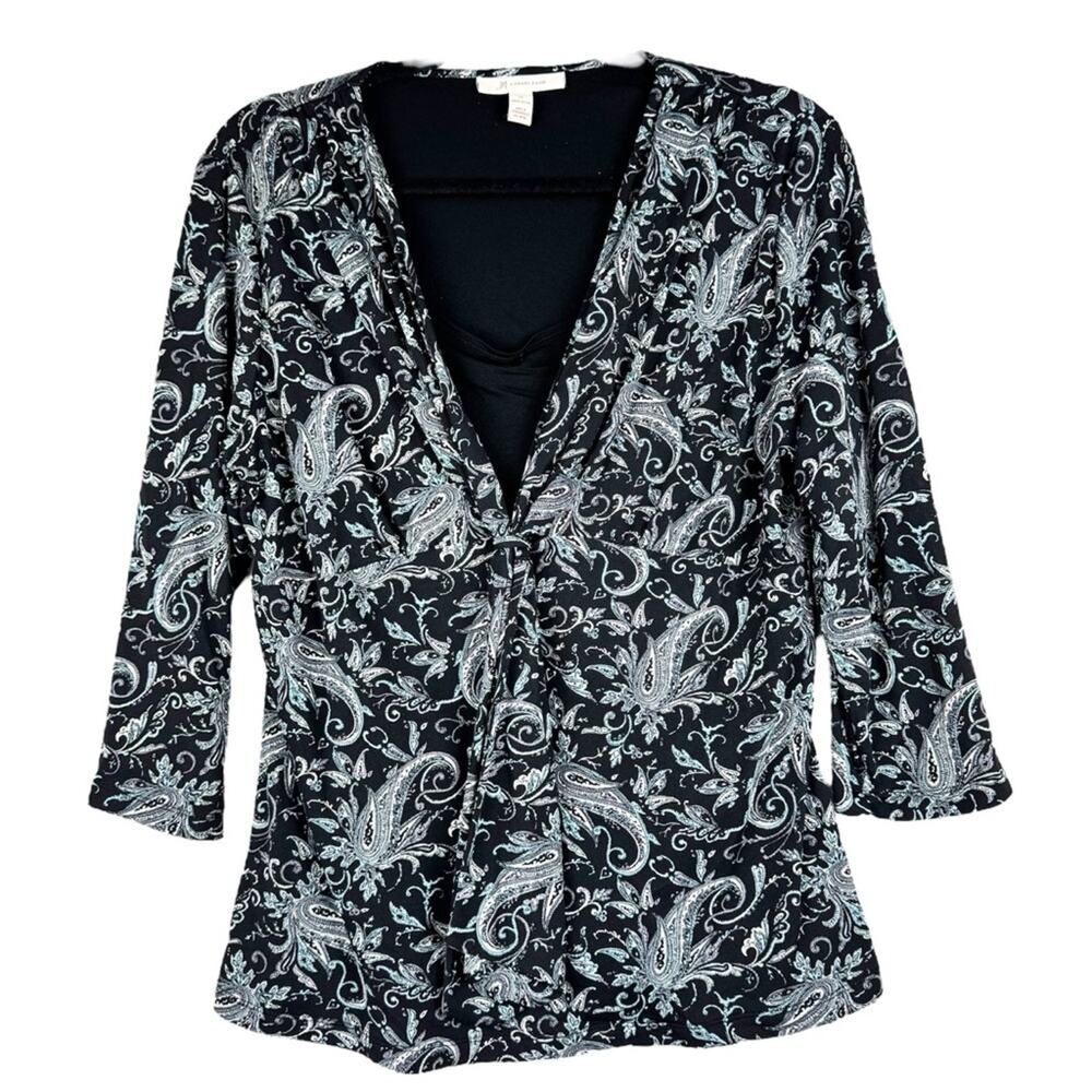 Vintage Y2K Dark‎ Romantic Paisley Babydoll Officecore Stretch Top 3/4 Sleeve M
